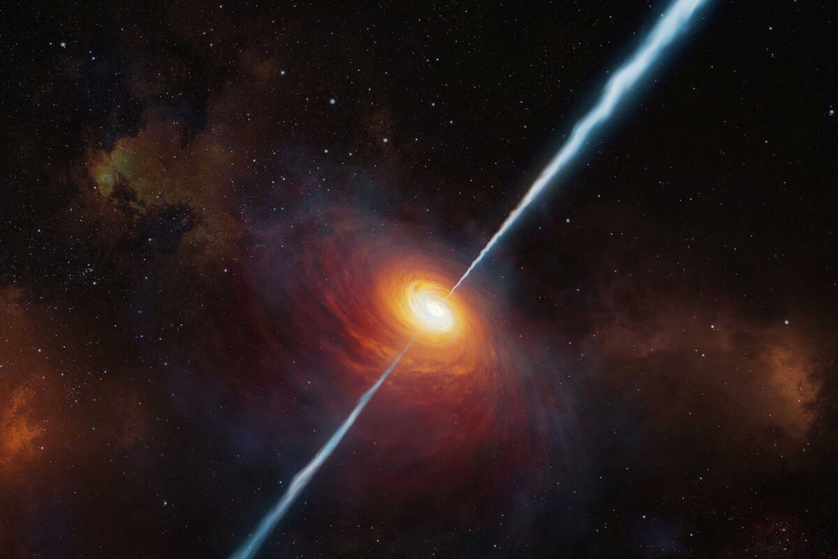 This artist’s impression shows how the distant quasar P172+18 and its radio jets may have looked.