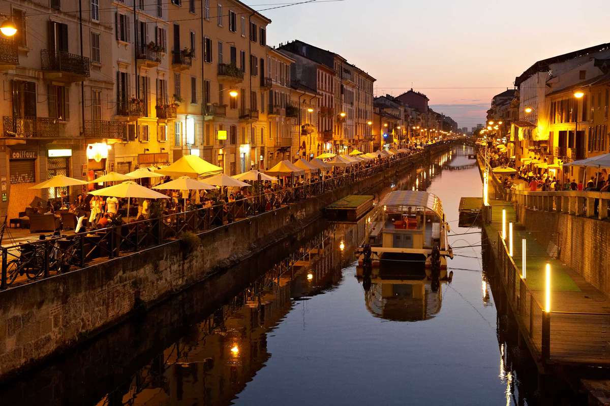 Navigli canals in Milan at dusk