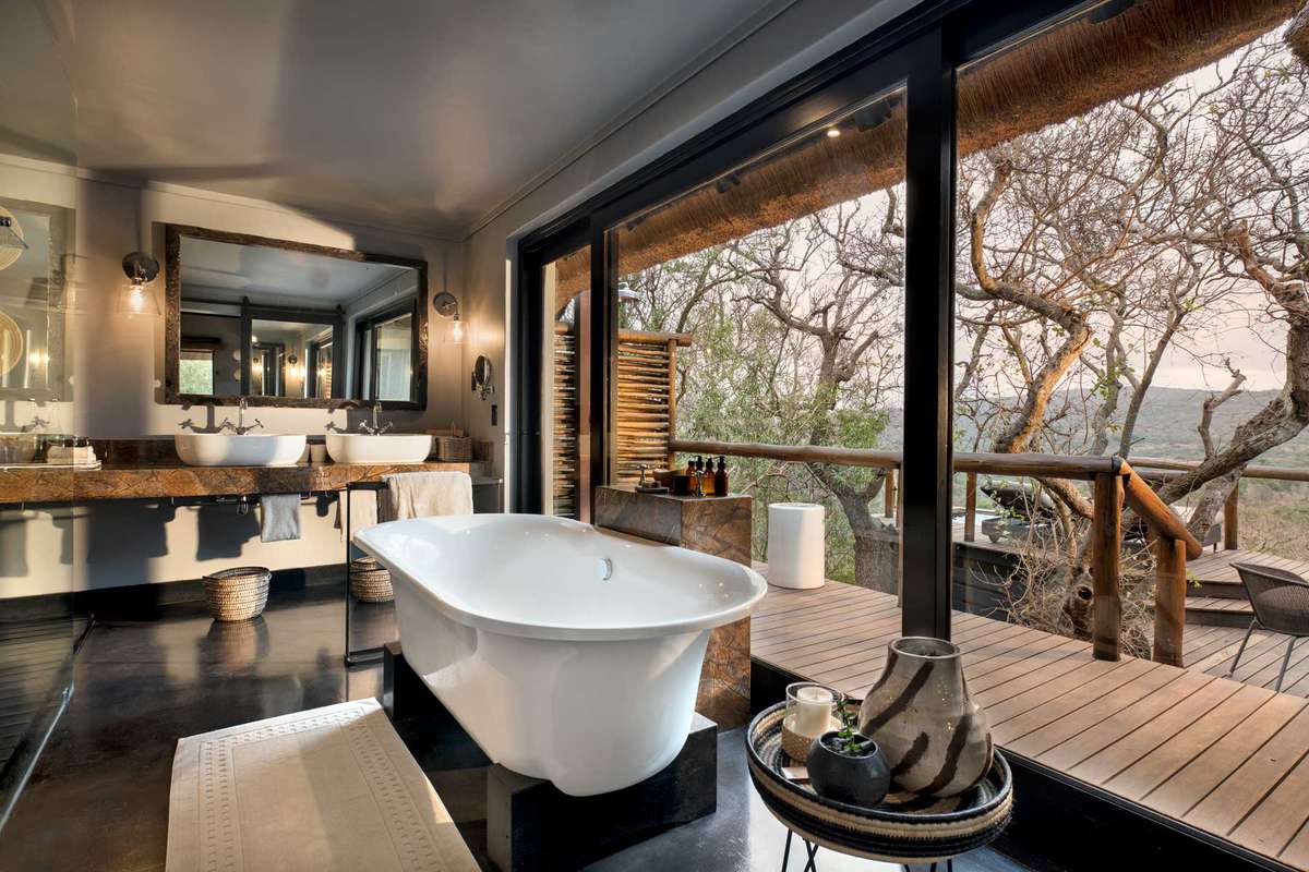 Bathroom of a guest room at the andBeyond Phinda Mountain Lodge, in South Africa