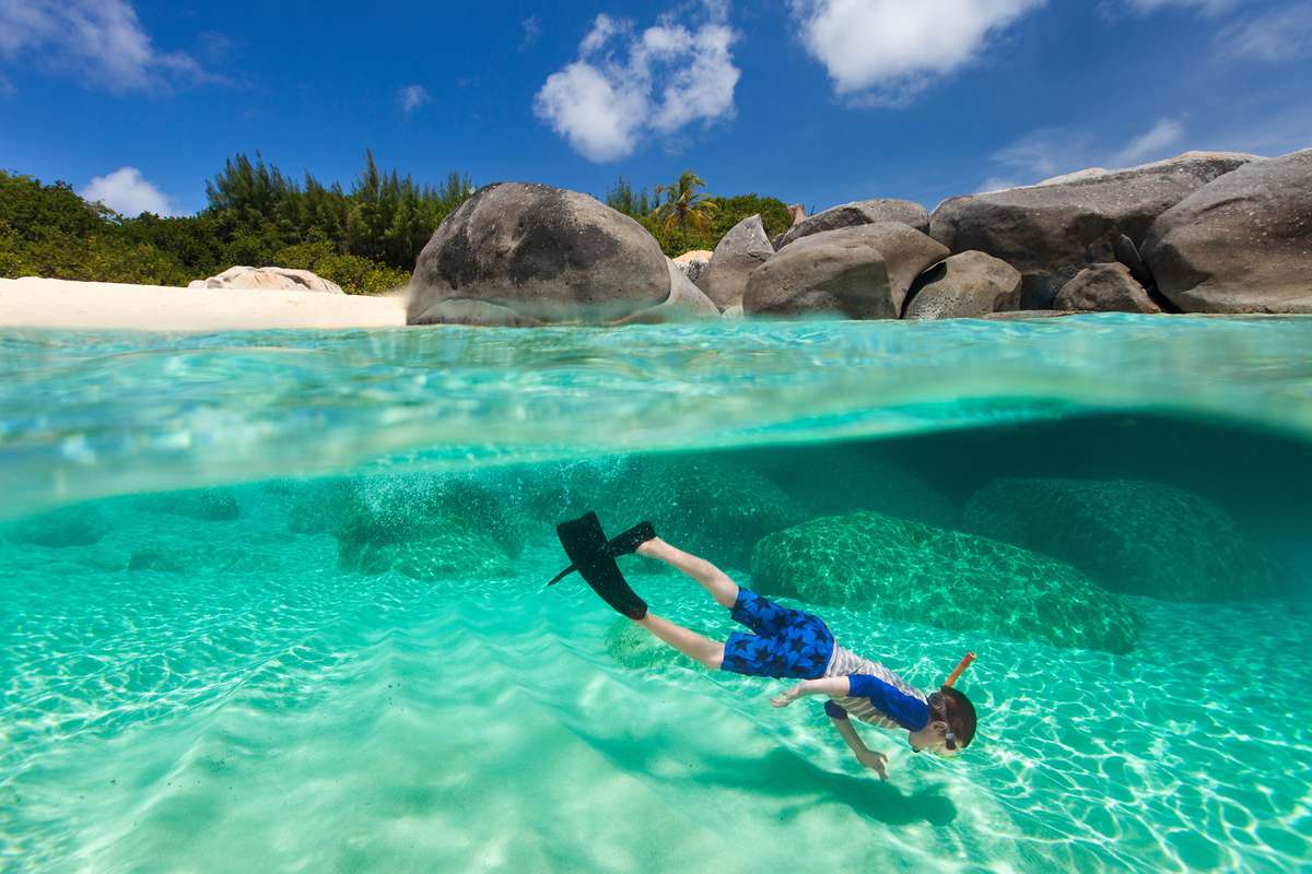 boy snorkeling in turquoise water