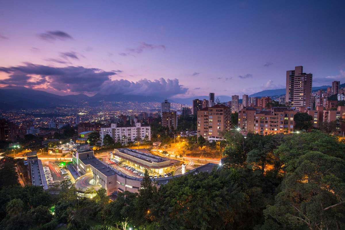 The skyline of Medellin, Colombia at sunset