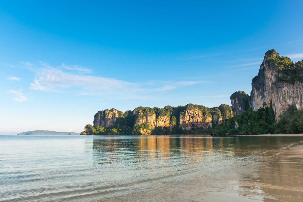 View of the west Railay beach with limestone mountain at Krabi, Thailand.