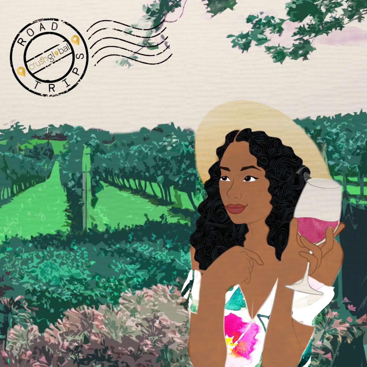 CrushGlobal promotional graphic of woman at a vineyard