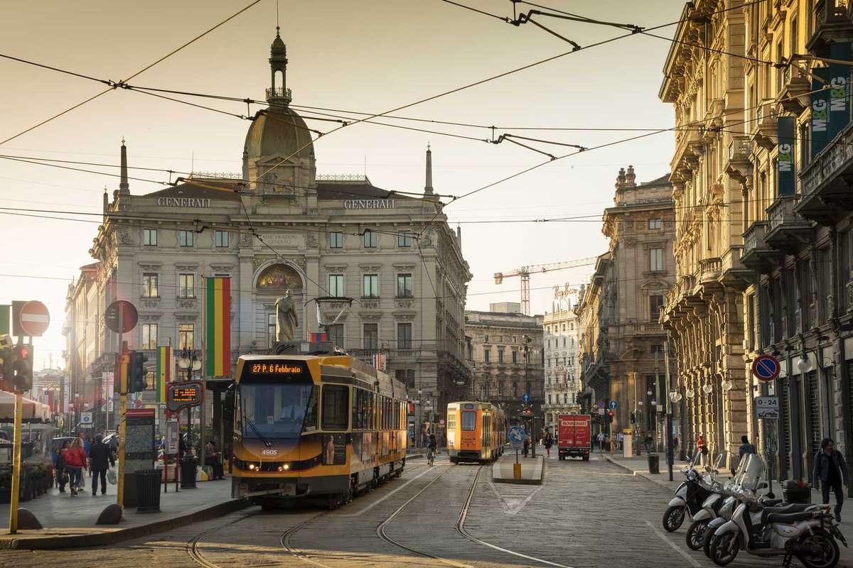 A tram in Piazza Cordusio, in the centre of Milan.