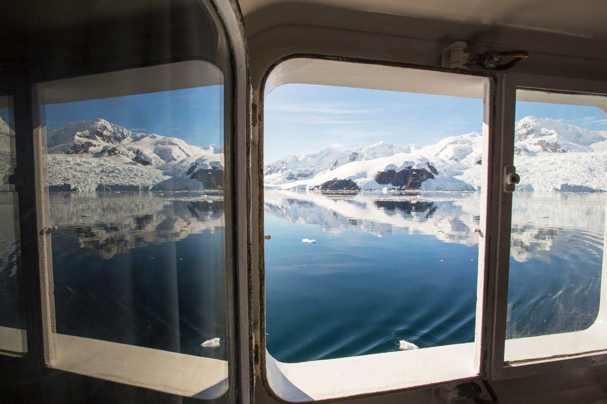 A view from one of the cabins on the Akademik Sergey Vavilov, an ice strengthened ship on an expedition cruise to Antarctica