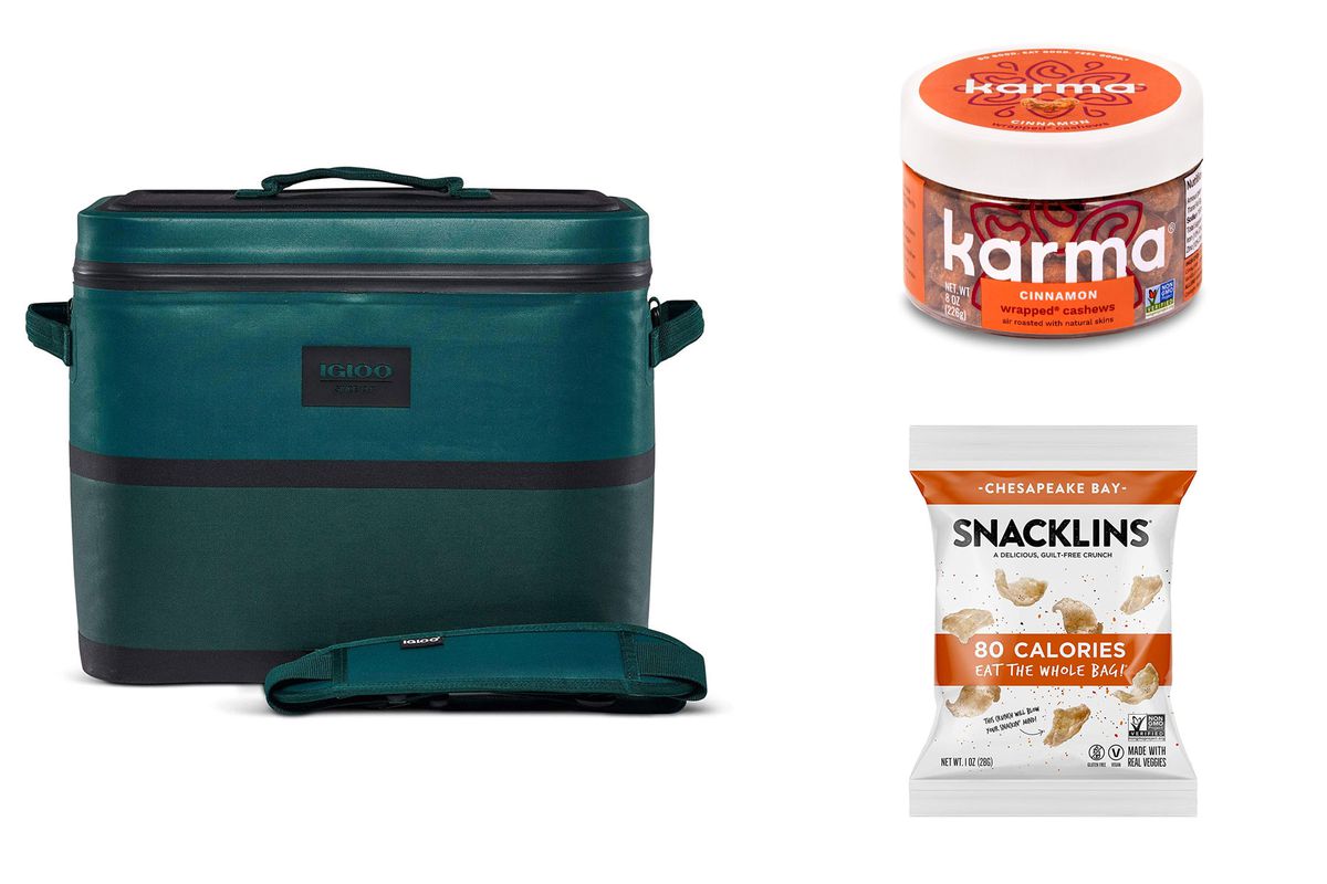 Teal cooler and bag of nuts and snacks