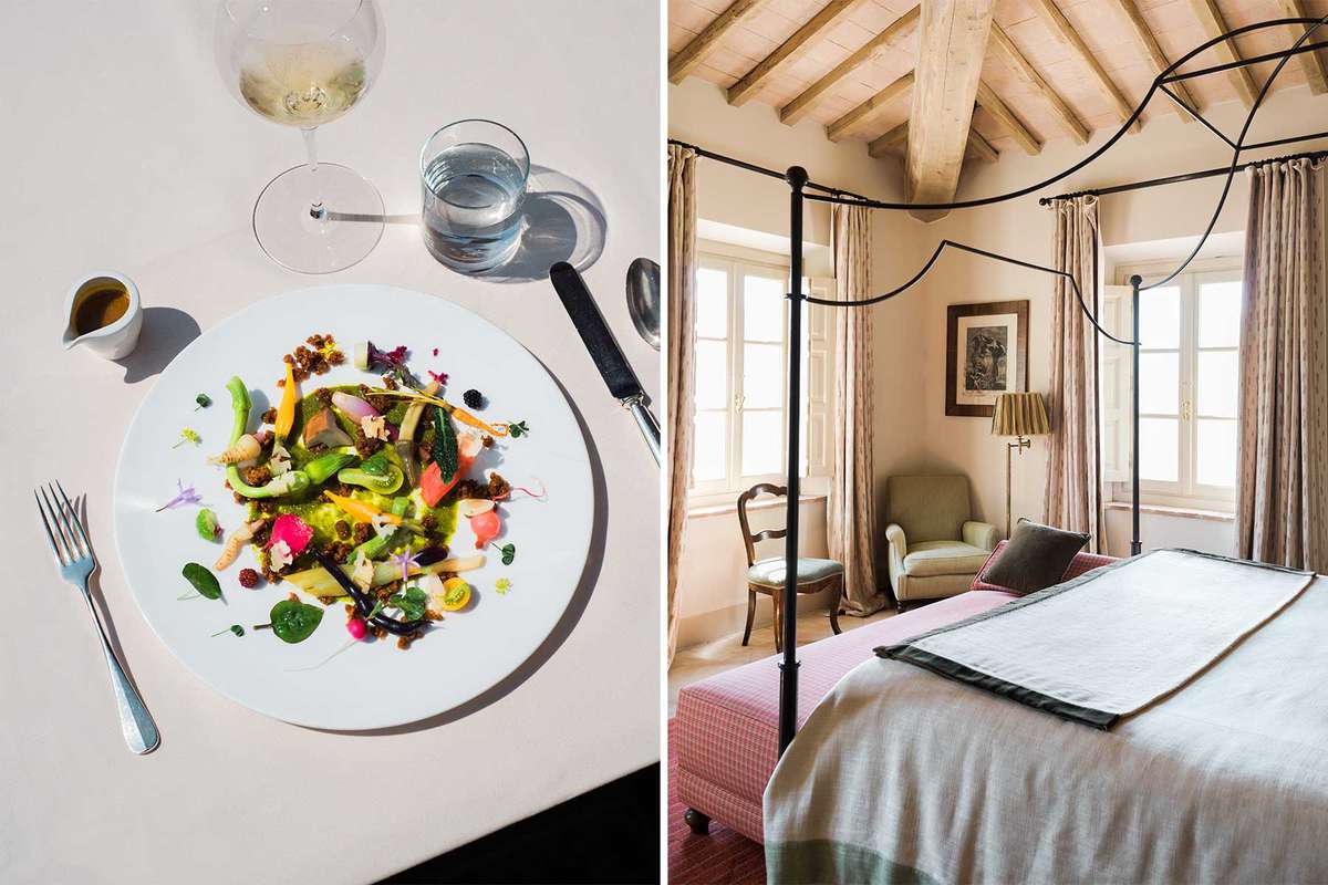 Pair of photos from the Rosewood Castiglion del Bosco note in Tuscany, Italy, showing a dish at the restaurant, and a guest room
