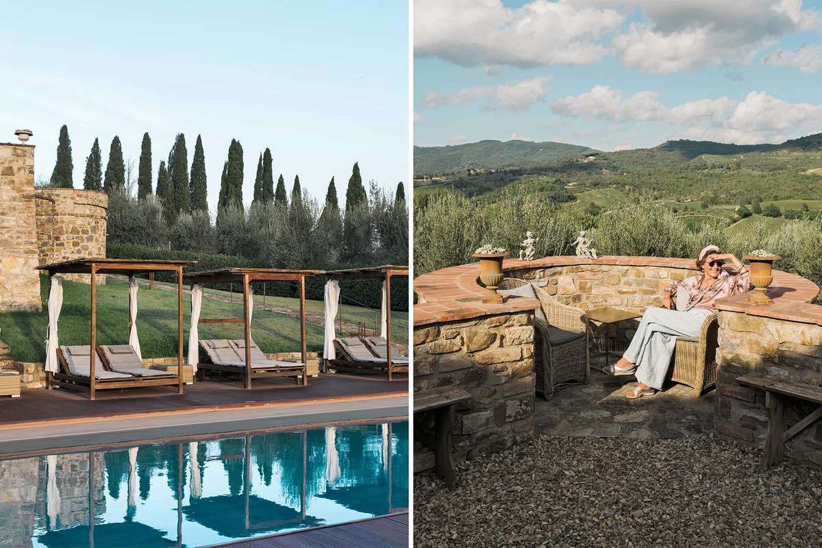 Pair of photos from the Vitigliano Relais & Spa in Tuscany, Italy, showing cabanas by the pool, and a woman sitting on a terrace