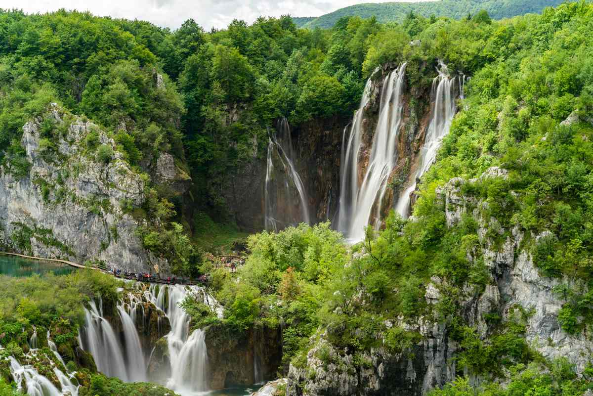 Wide long exposure shot of Veliki Slap waterfall at Plitvice Lakes National Park in Croatia