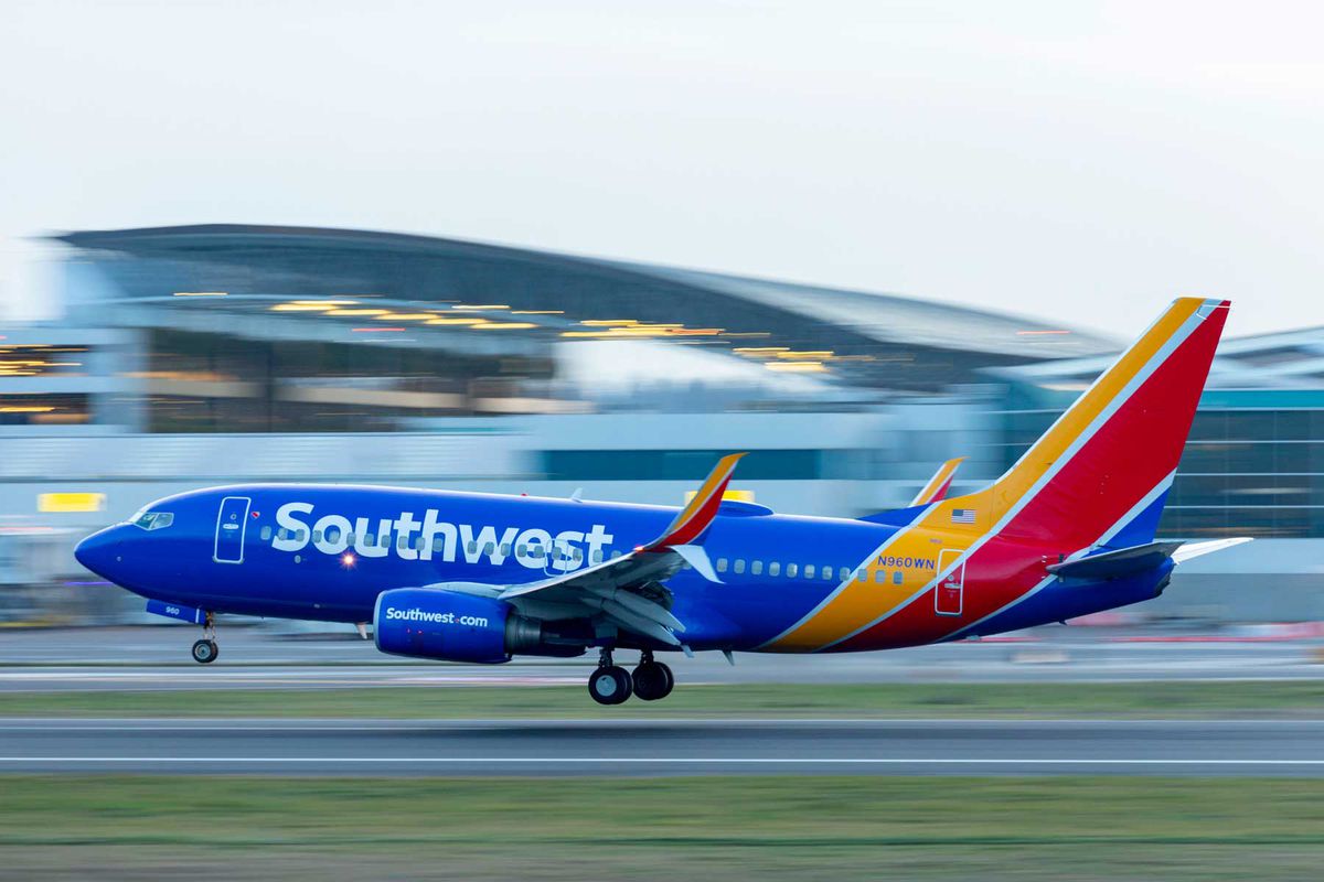 A Southwest Airlines 737 comes in for a landing at Portland International Airport.