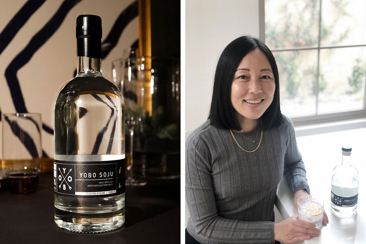 Left: bottle of Yobo Soju near glasses; Right: Carolyn Kim with glass of YOBO Soju