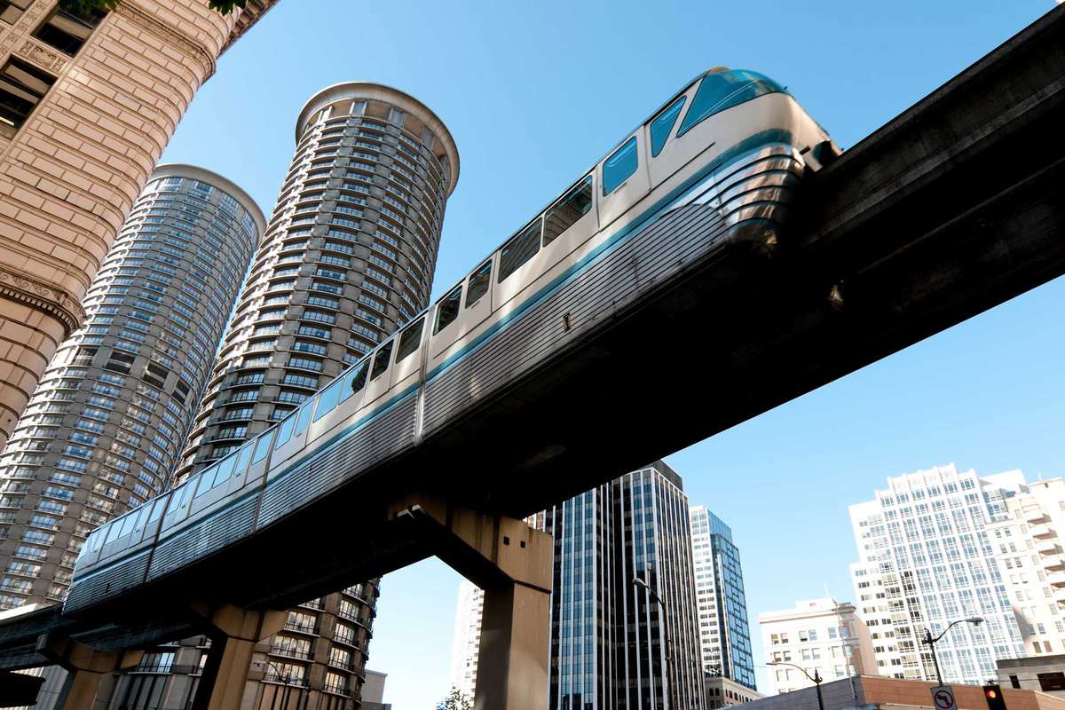 The Seattle Monorail passing through the downtown core as seen from below.
