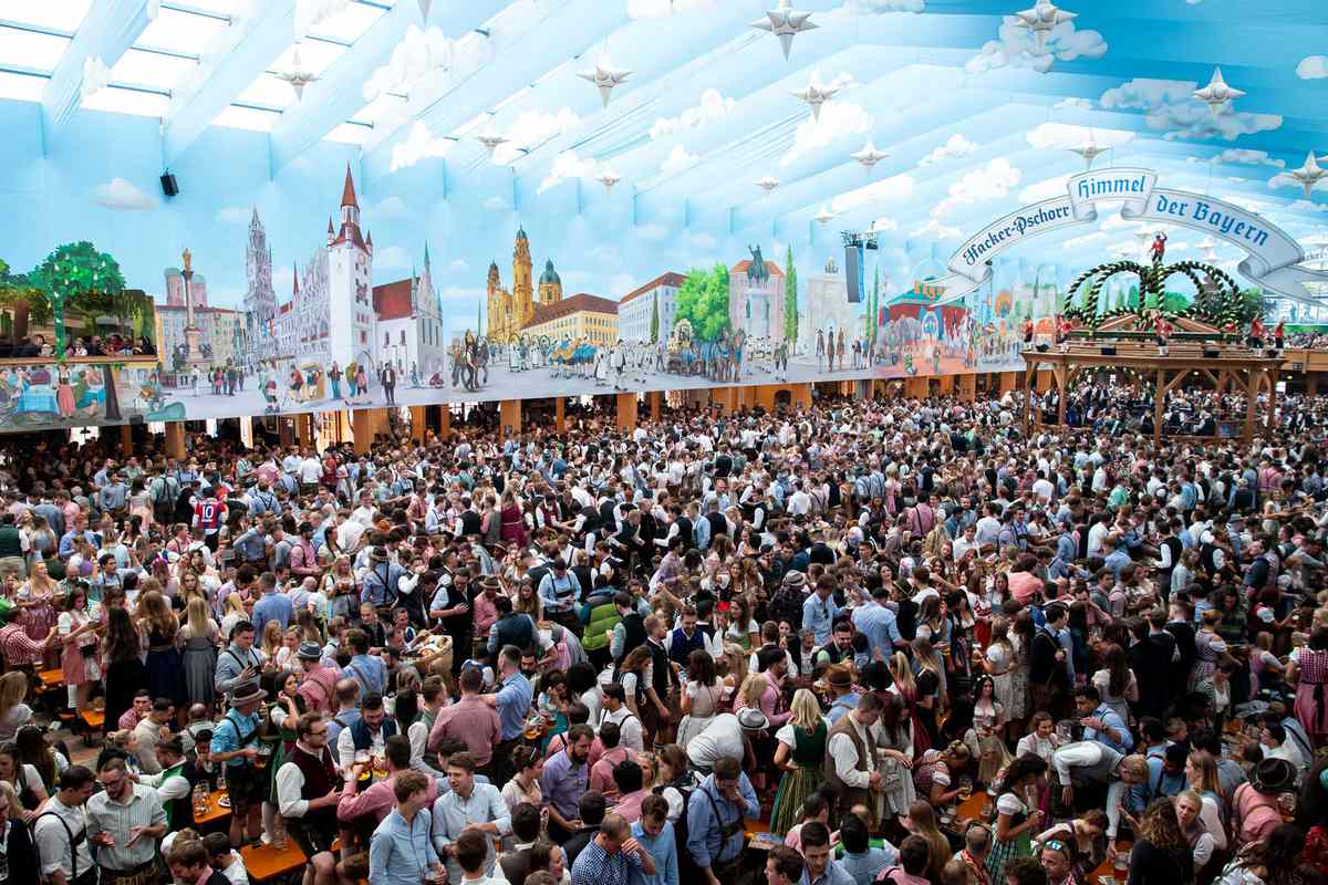 Oktoberfest attendees in one of the tents erected on the grounds where it is held in the city of Munich.