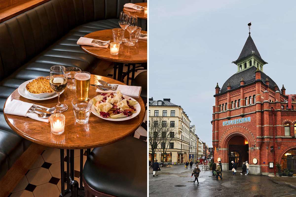 Scenes from Stockholm's Nybrogatan neighborhood, including a dinner at Schmaltz restaurant and the red-brick exterior of the Salugall