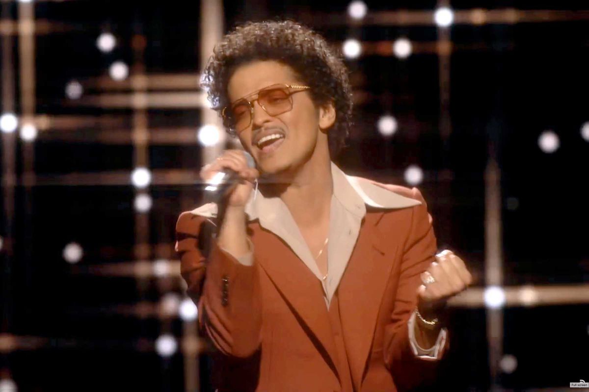 Bruno Mars of music group Silk Sonic performs onstage during the 63rd Annual GRAMMY Awards broadcast on March 14, 2021.