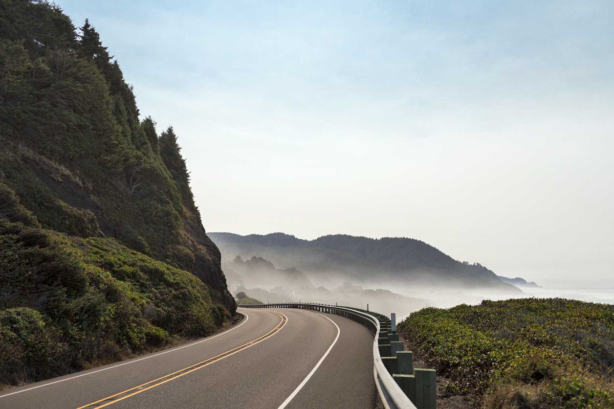 A view of Oregon's Highway 101, looking south, with fog in the distance