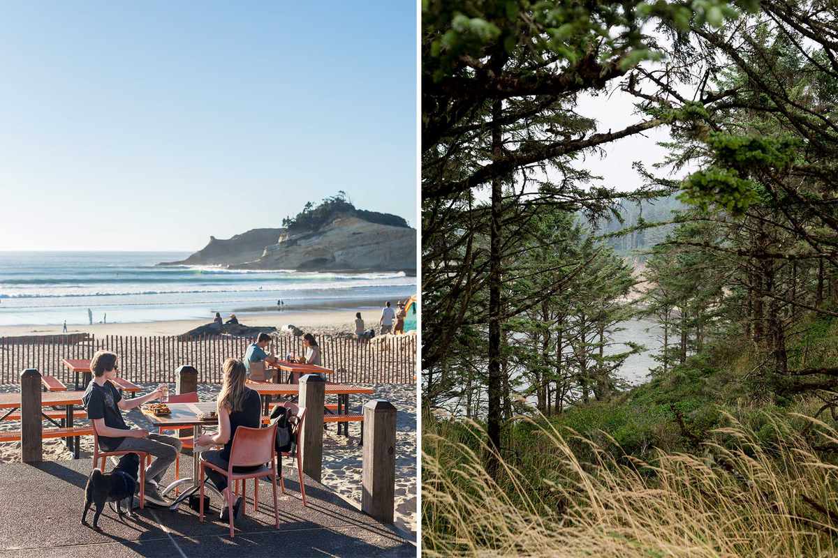 Pair of photos showing scenes from the Oregon Coast, including diners on the waterfront terrace at Pelican Brewing, and greenery on trail at Cape Arago