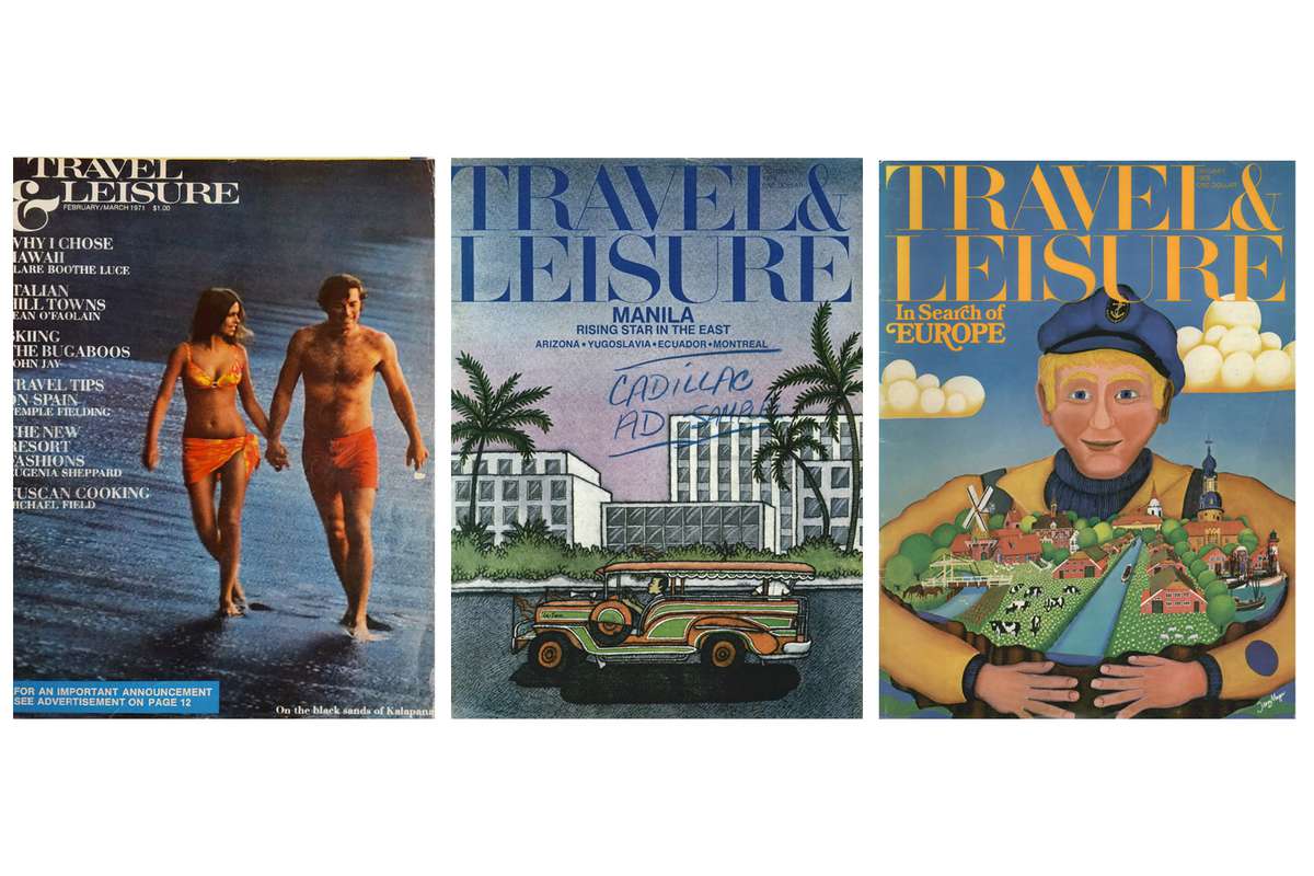 Travel + Leisure magazine covers from 1971, 1947, 1976