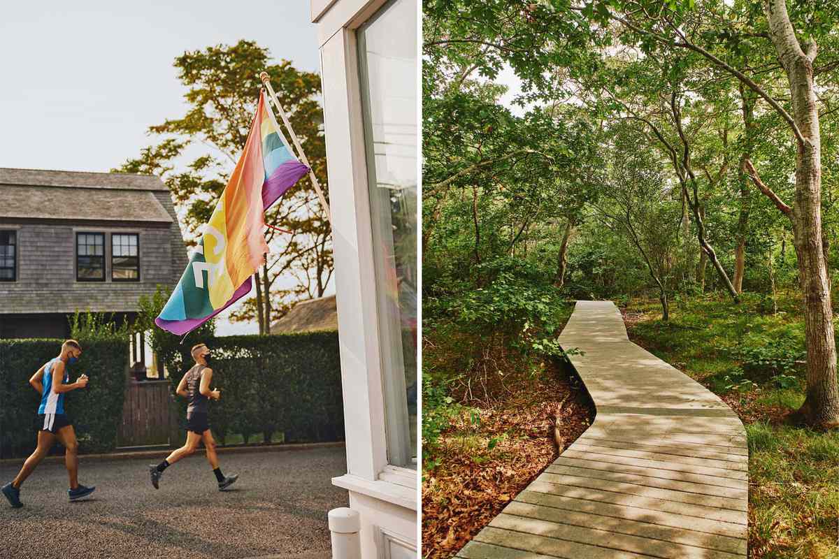 Pair of photos from Provincetown, showing runners along the town's main street, and a boardwalk in a wooded area