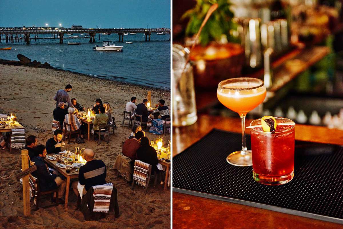 Pair of photos from Provincetown, including an outdoor beach dinner scene, and cocktails at a bar