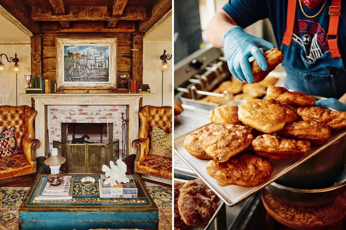 Pair of photos from Provincetown, including an interior of the Vorse house, and a tray of fried Portuguese dough at a bakery