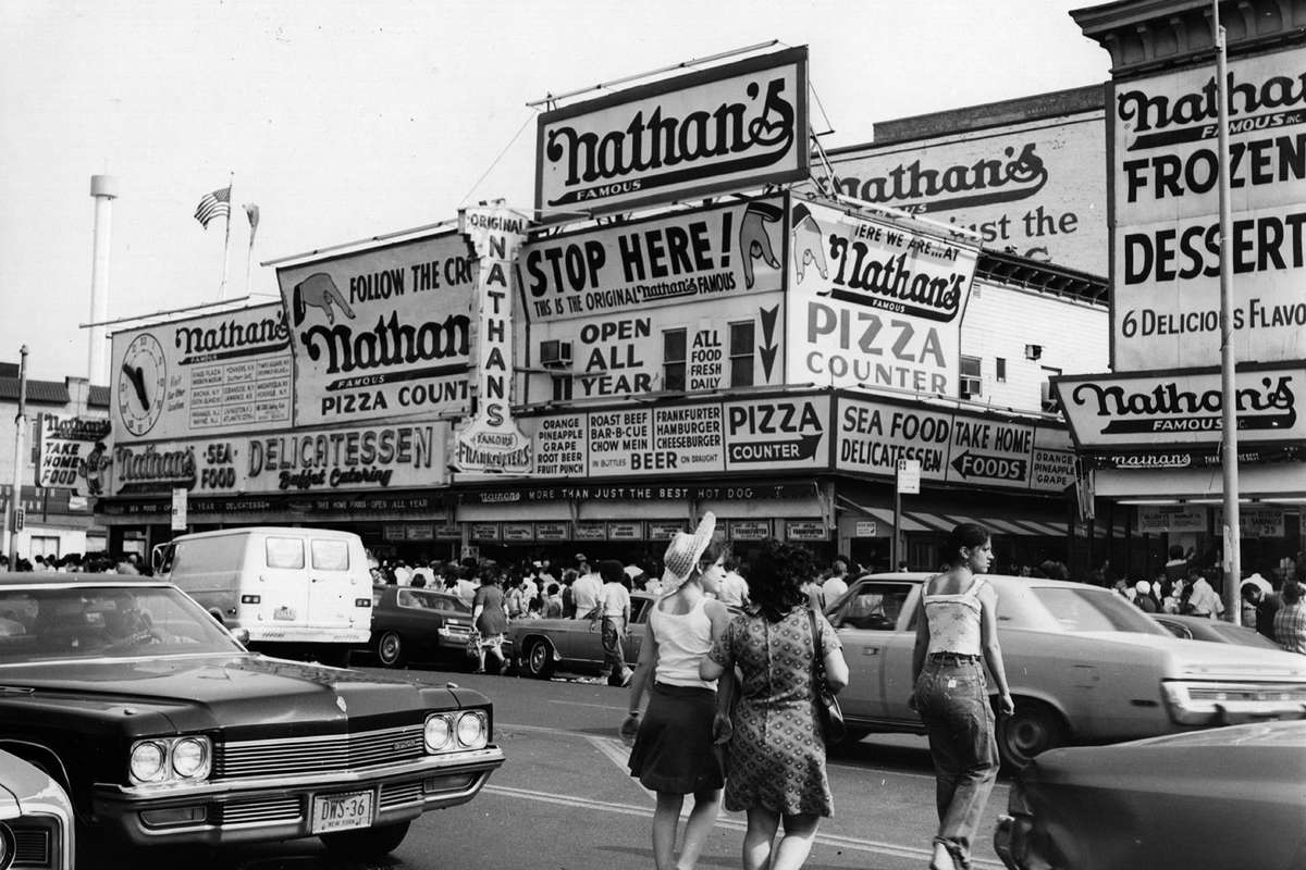Nathan's Famous restaurant on Coney Island, New York from April 1976