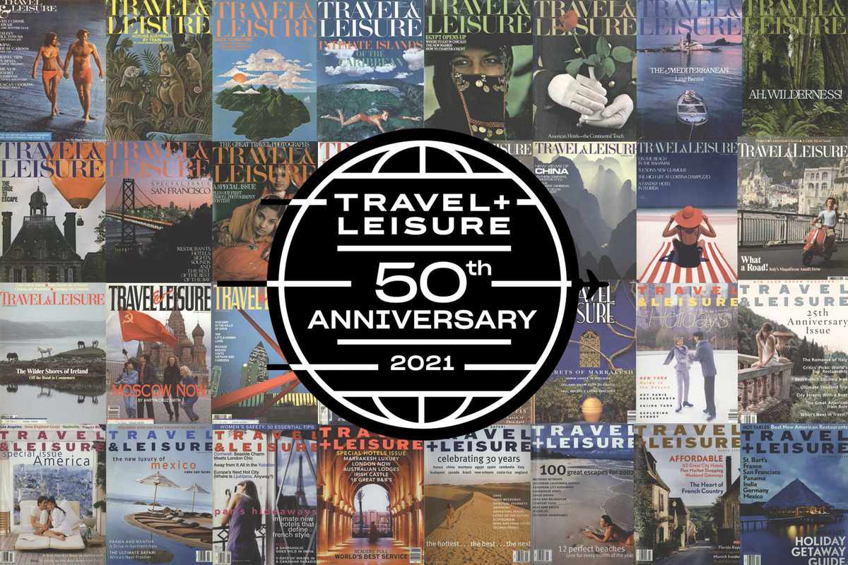 A collection of Travel + Leisure magazine covers from the 1970s to 2000s