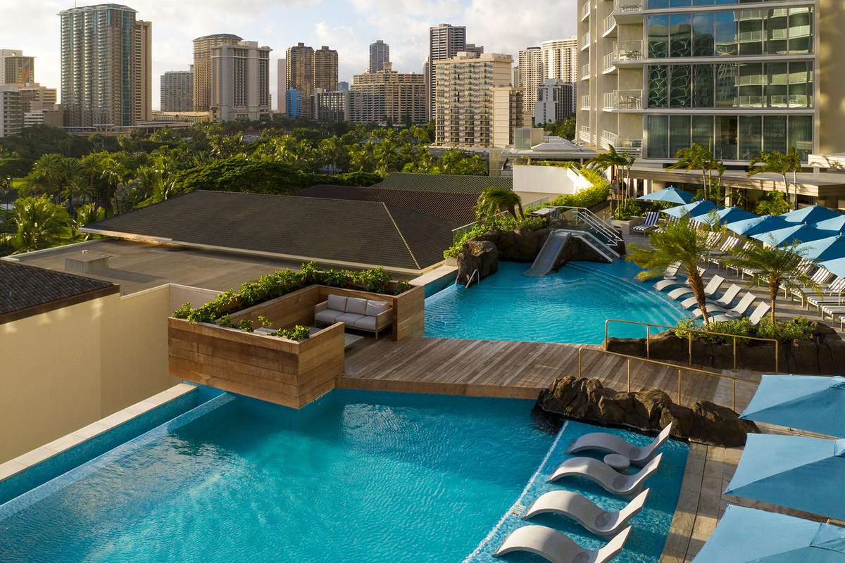 Aerial view of the pool at The Ritz-Carlton Residences, Waikiki Beach