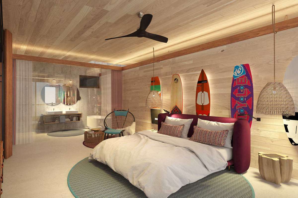 Interior guest room with surfboards at Saba Rock, British Virgin Islands