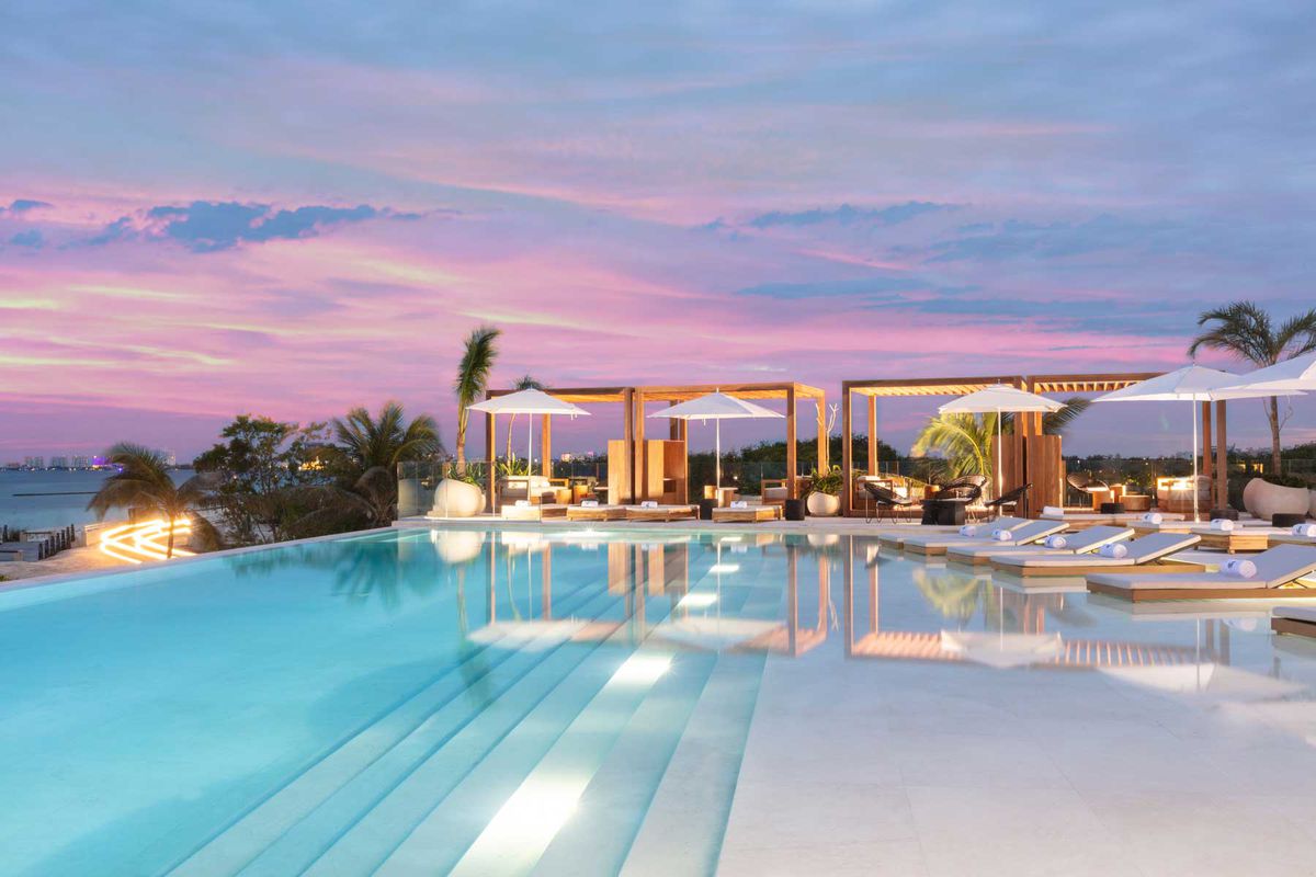 SLS Cancun, Mexico pool at sunset
