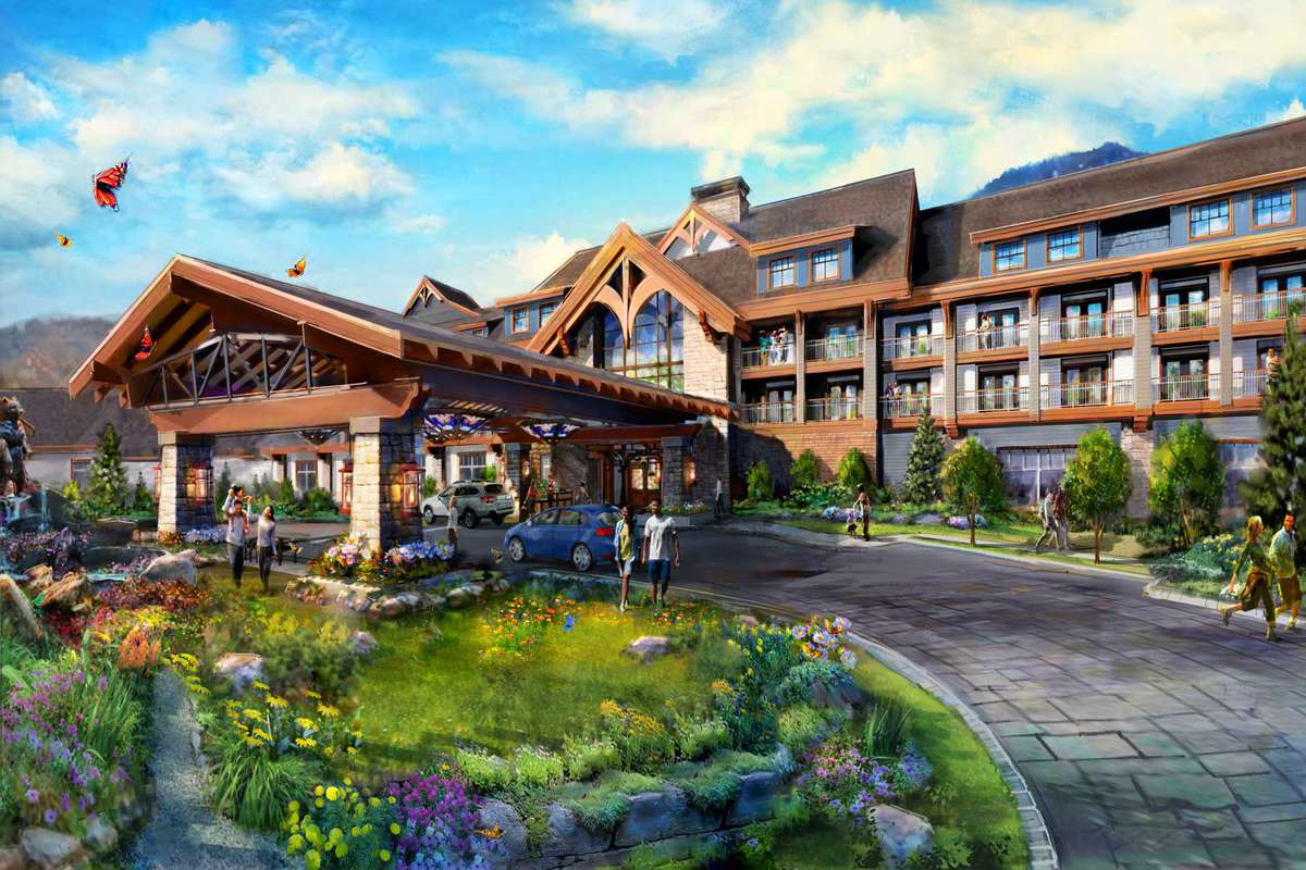 Rendering of a lodge-style hotel