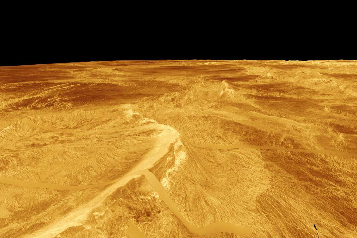 This computer-generated perspective view of Latona Corona and Dali Chasma on Venus shows NASA Magellan radar data superimposed on topography.