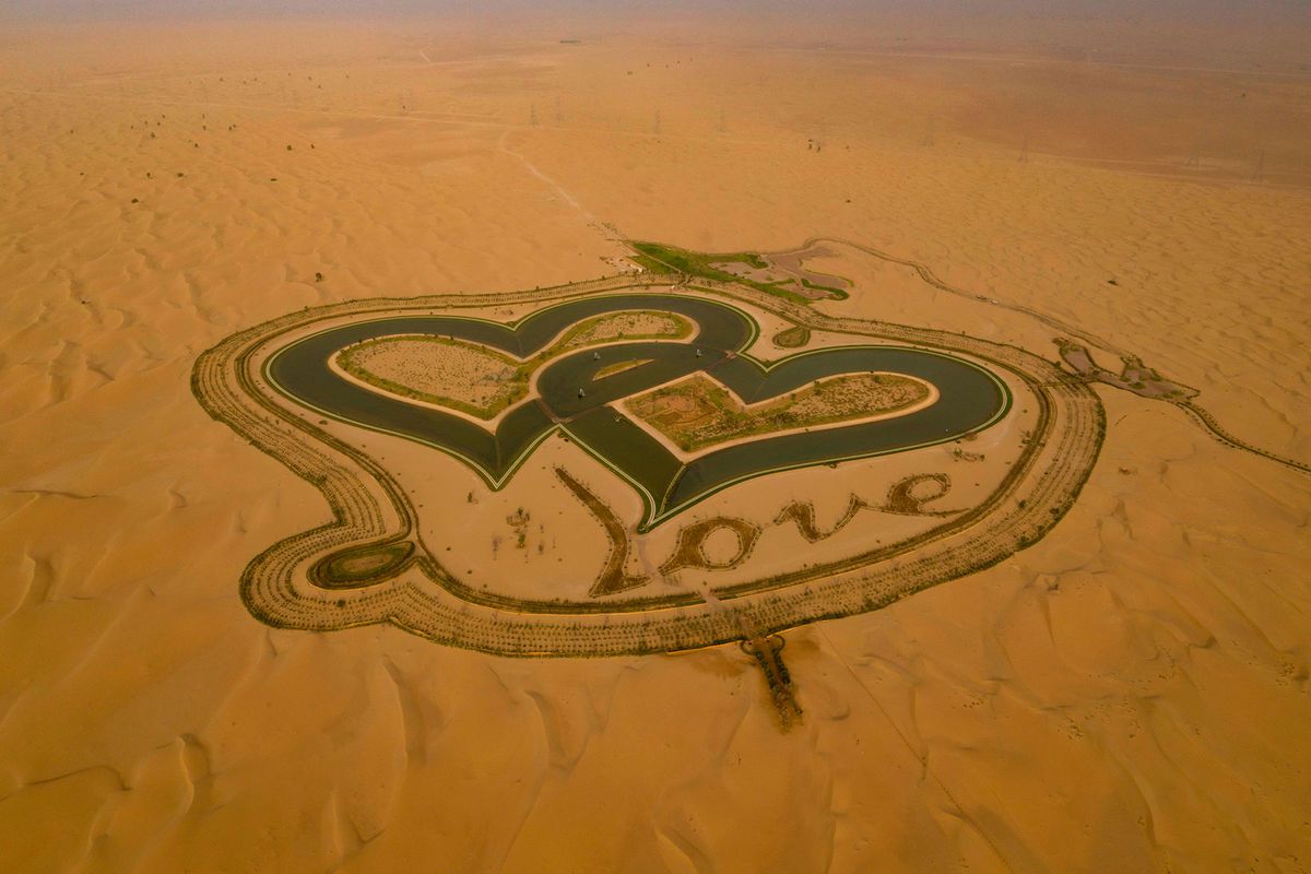 The new man-made "Love lake" at al-Qudra desert in the Gulf emirate of Dubai