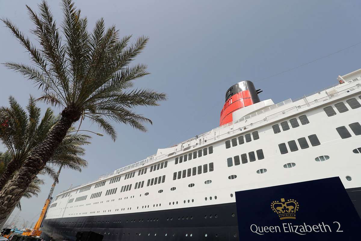 The Queen Elizabeth II luxury cruise liner, also known as the QE2, is seen docked at Port Rashid in Dubai