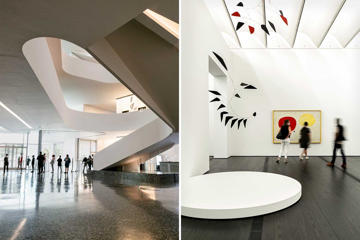 Pair of photos from Houston, Texas. One shows the interior of the Kinder Building lobby, and one shows artwork by Joan Miro and Alexander Calder at the Menil Collection