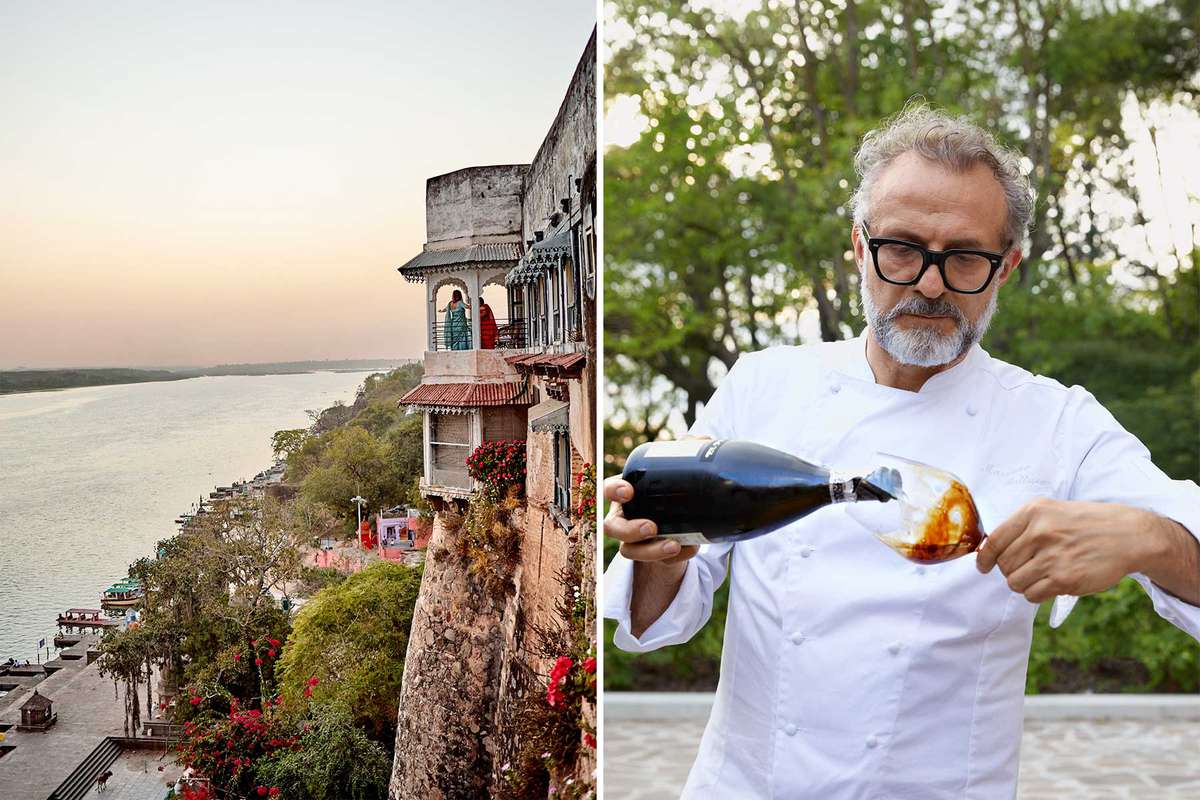 Photos showing exclusive experiences available from Prior travel club, including a curated trip to India, and a tour of Modena with chef Massimo Bottura