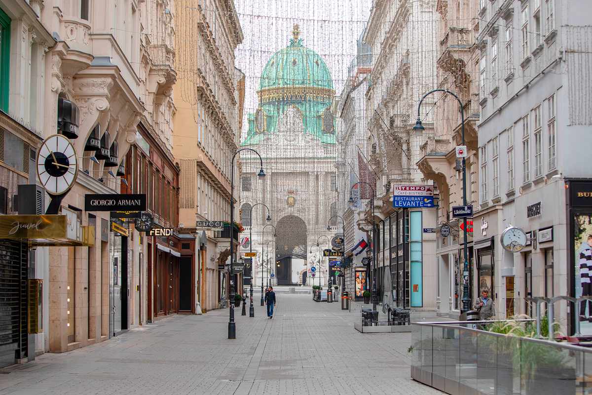 The empty street Kohlmarkt as the Michael Dome of the Vienna Hofburg stands in the background, in the center of Vienna