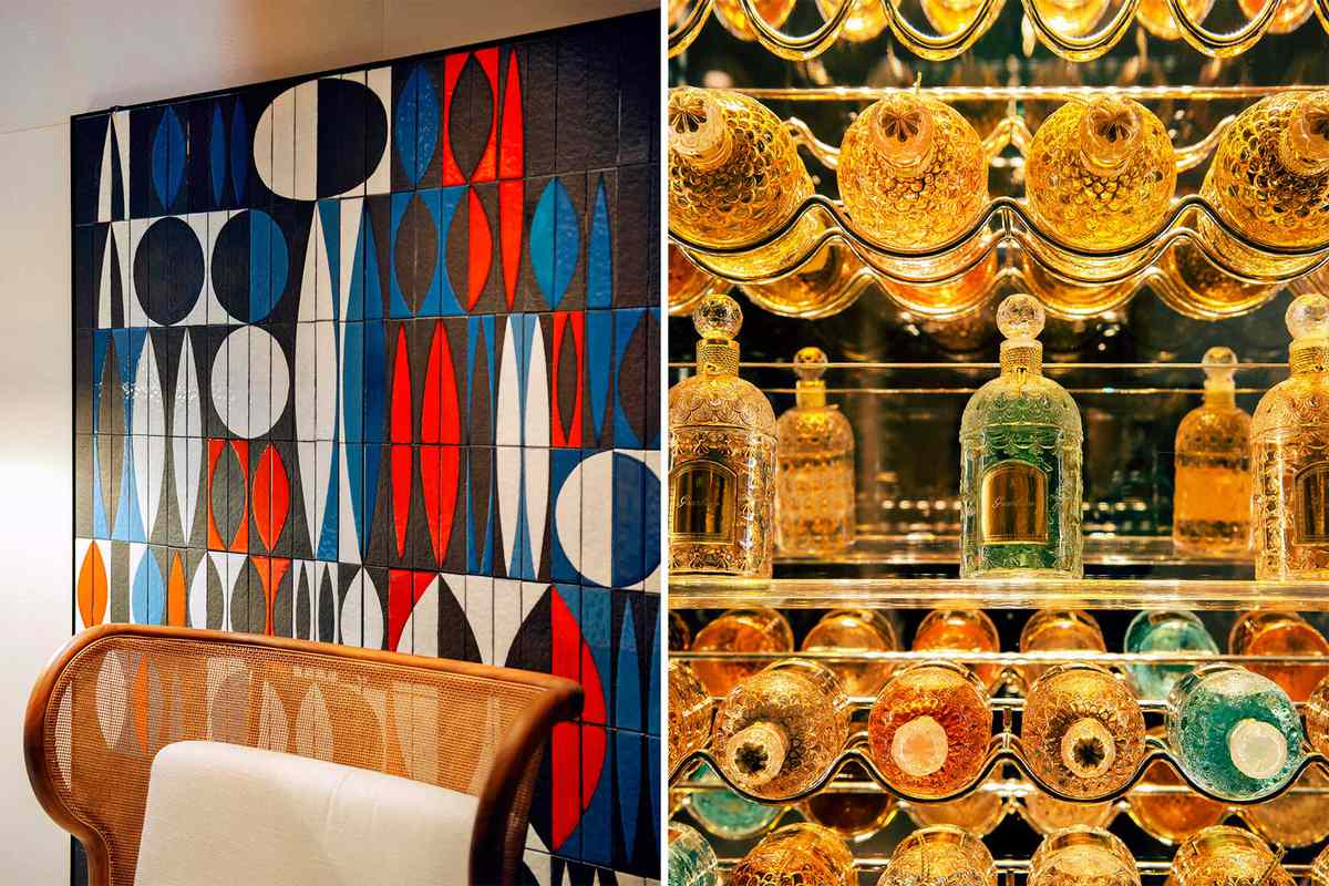 Graphic blue, white and red ceramic tiles at a hotel in St Tropez; a display of vintage perfume bottles