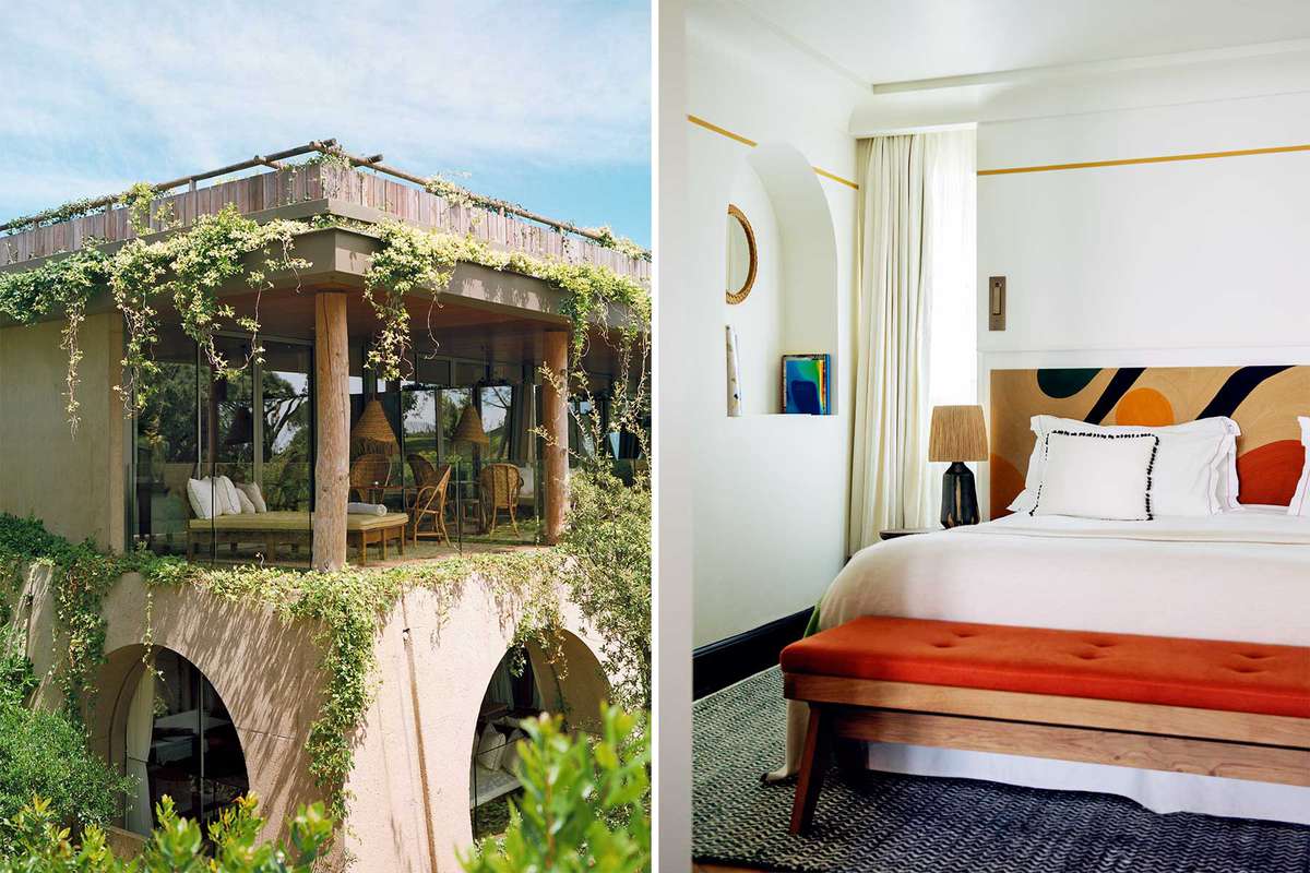 Photos of hotels in St Tropez showing an ivy-colored exterior and a red and white guest room