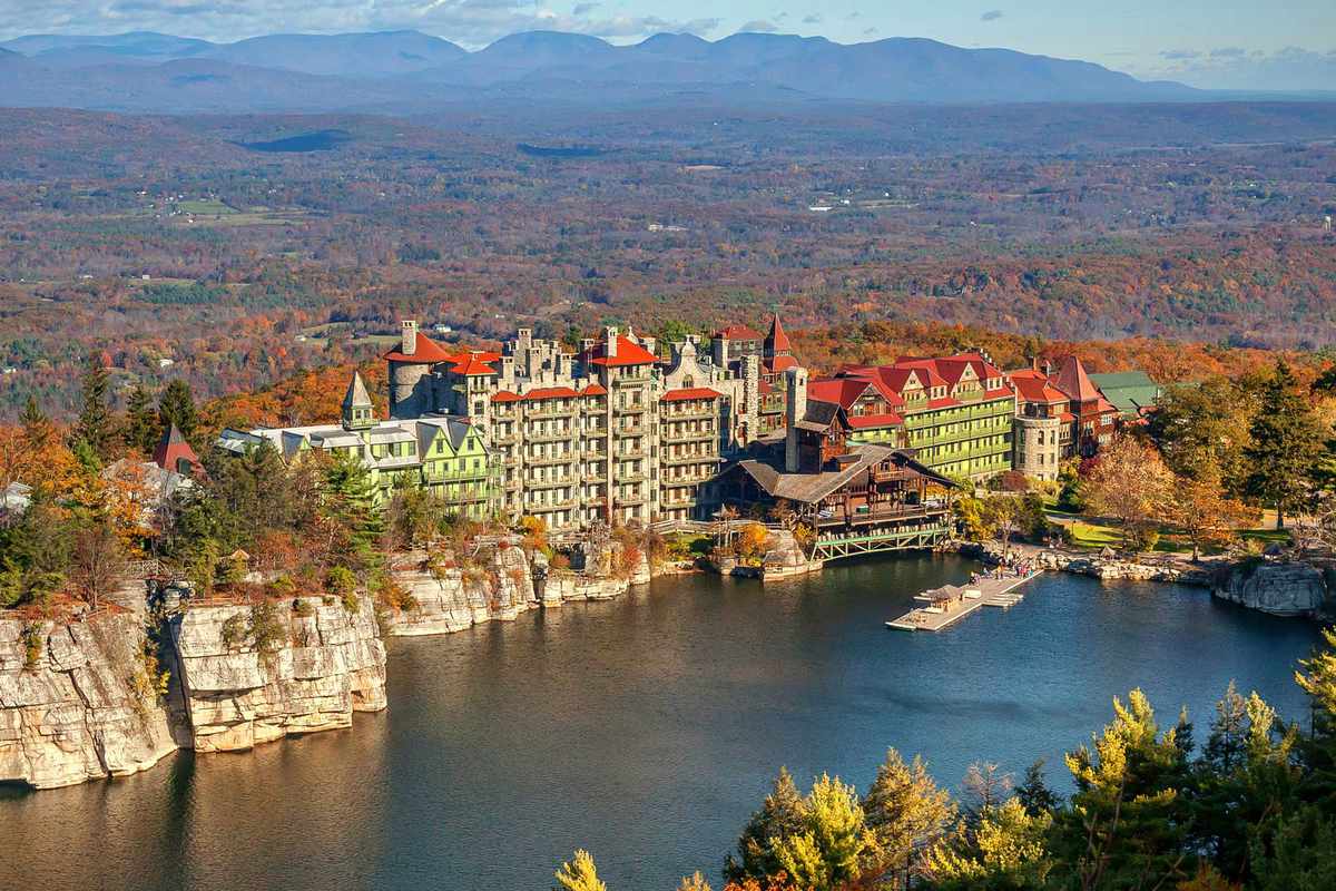 Aerial autumn view of Mohonk Mountain House, voted one of the best resorts in New York State
