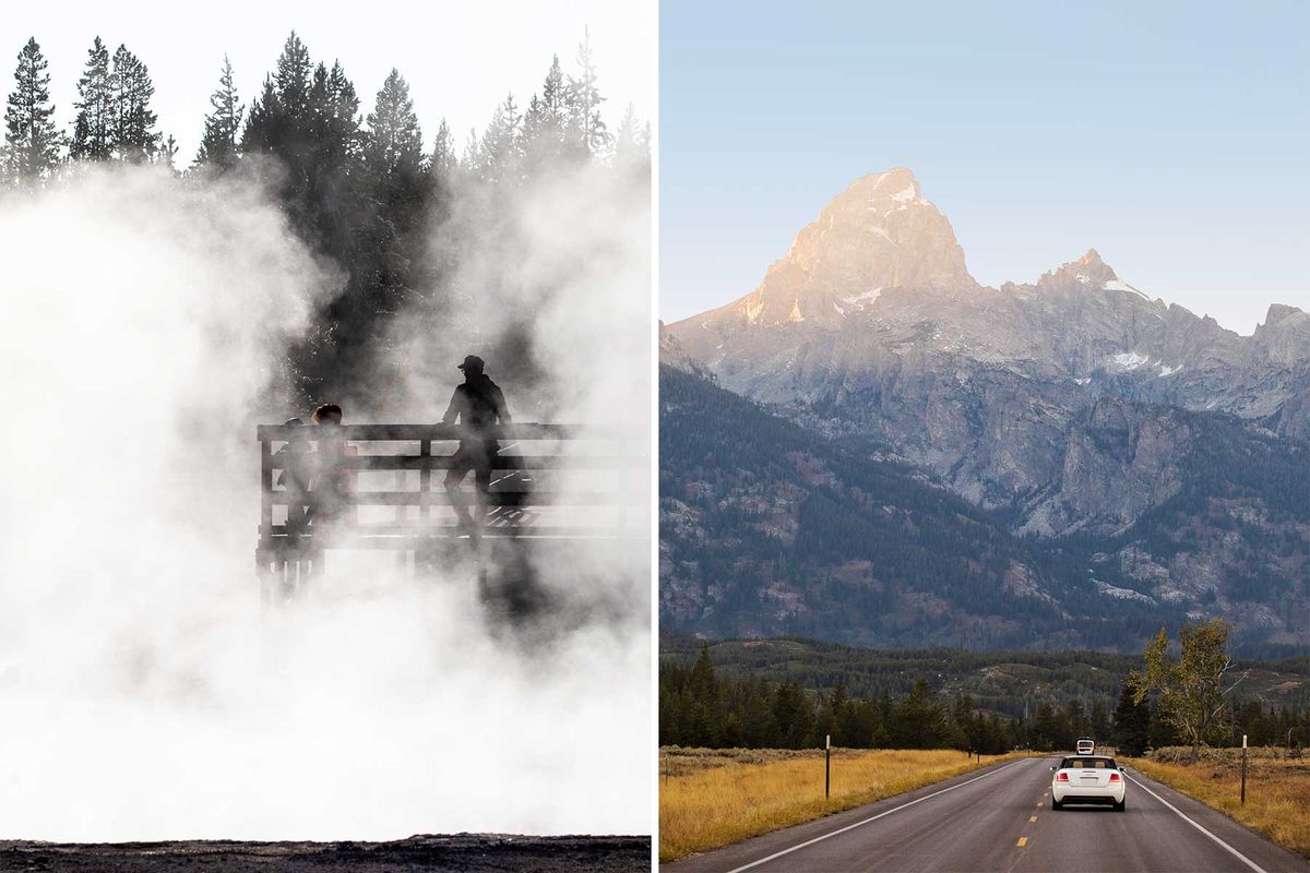 At left, silhouettes of Yellowstone Park Visitors in the steam at West Thumb Geyser Basin; at right, a white car drives on a road through Grand Teton National Park, with mountains in the distance