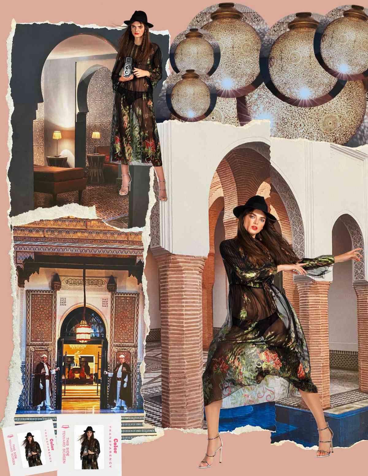 Photos of a model wearing a sheer black dress are superimposed over images of the hotel La Mamounia