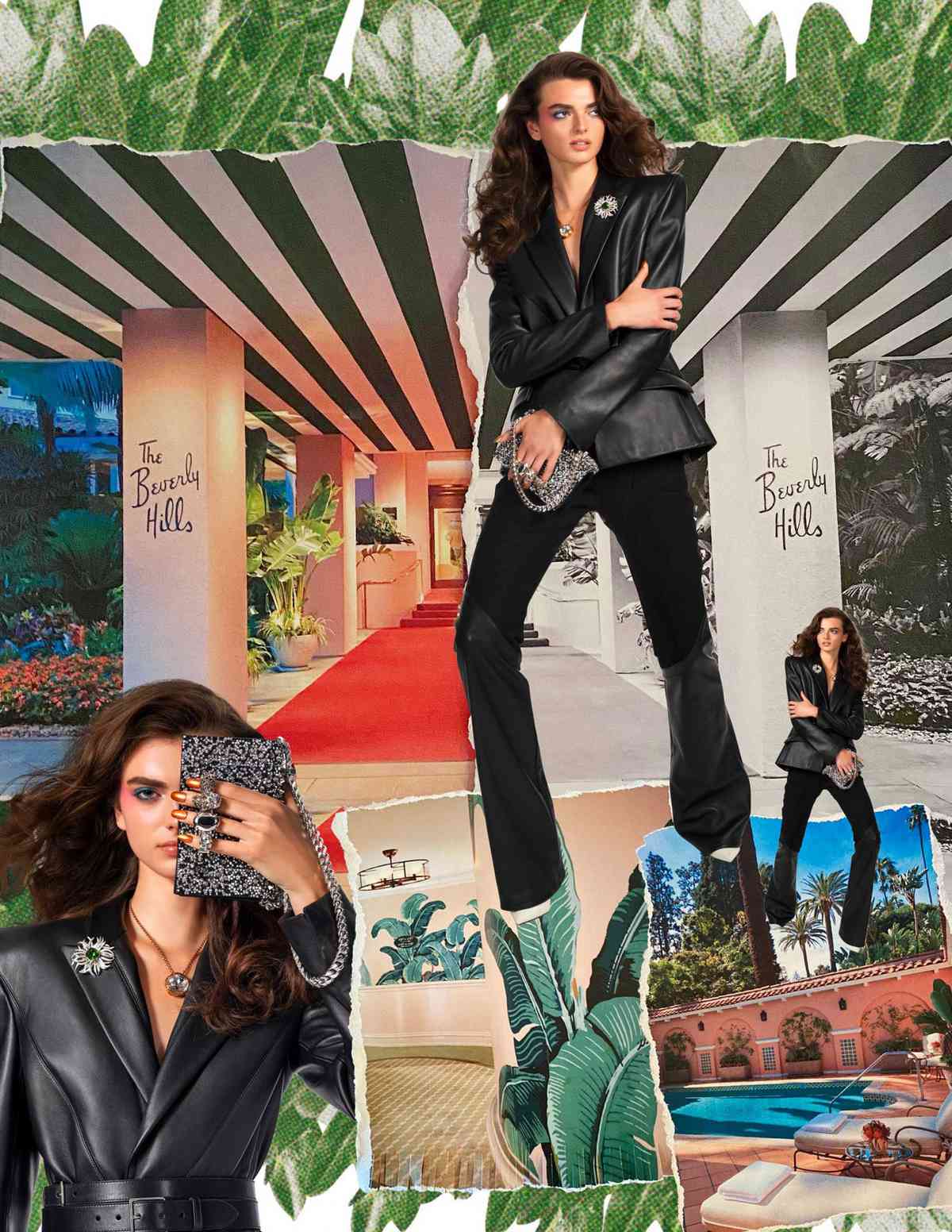 Photos of a model wearing a black pant suit, superimposed on photos of the Beverly Hills Hotel