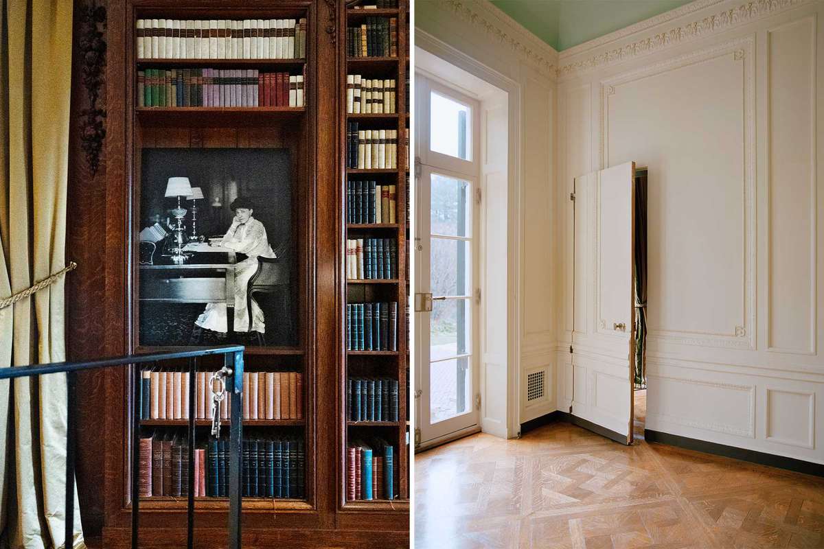 Photos from the home of Edith Wharton show a library with a 1905 photo of Wharton, and a secret door, slightly ajar, that leads to her private study