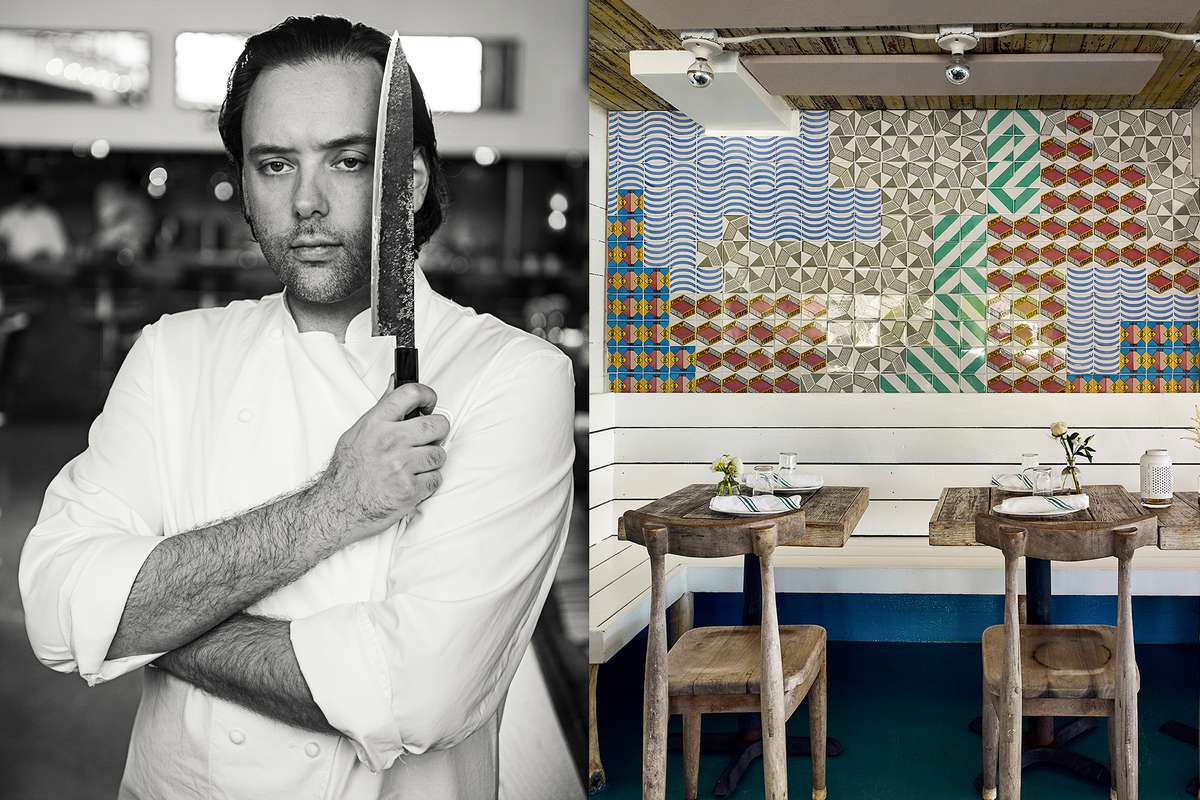 Chef Paul Liebrandt and the interior of The Surf Lodge in Montauk