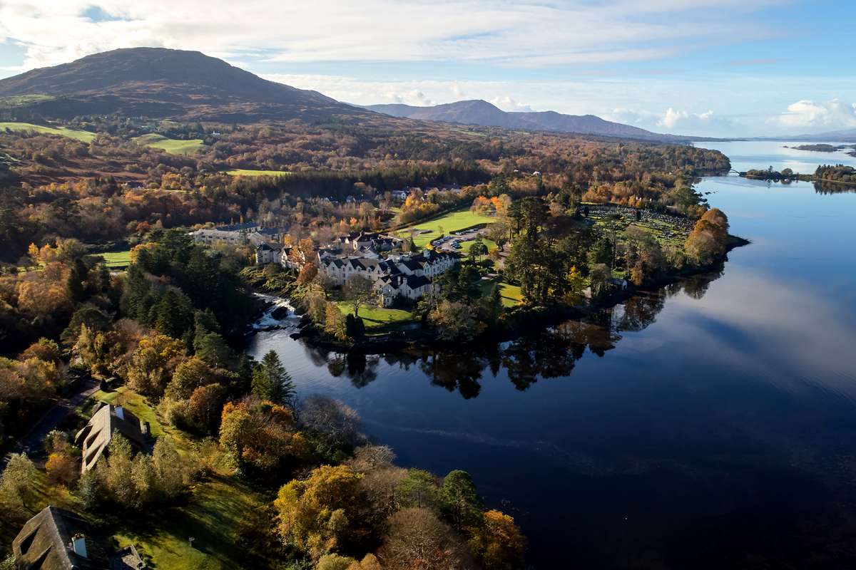 Aerial view in autumn of Sheen Falls Lodge in County Kerry, Ireland