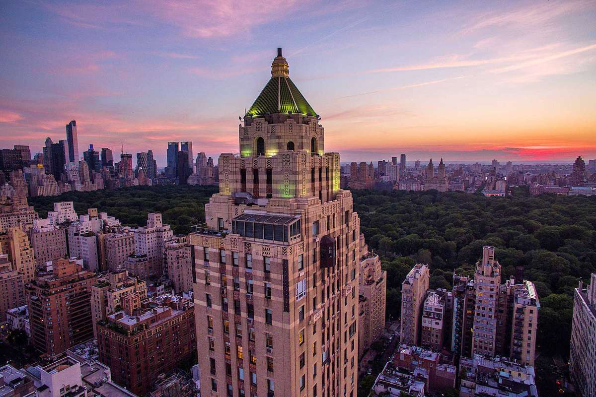 Aerial dusk view of The Carlyle, voted one of the top hotels in New York City
