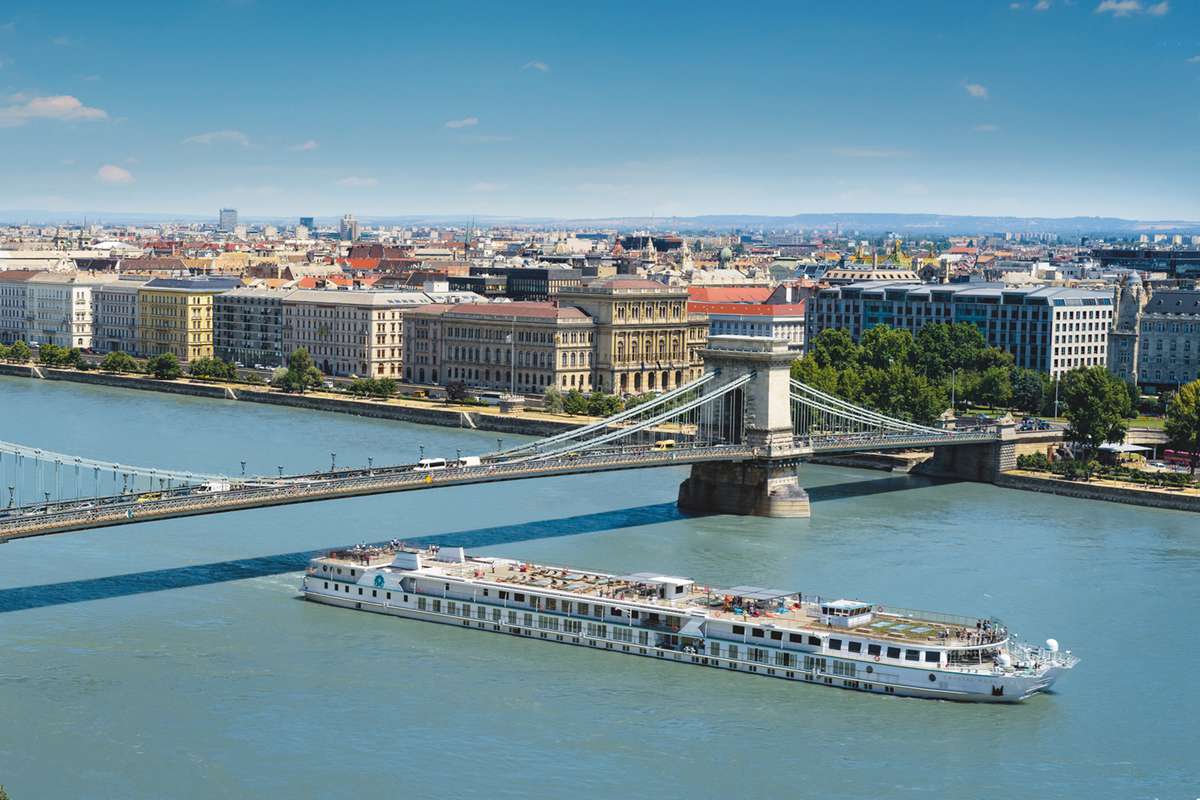 Aerial view of Crystal Mozart by Crystal Cruises in Budapest