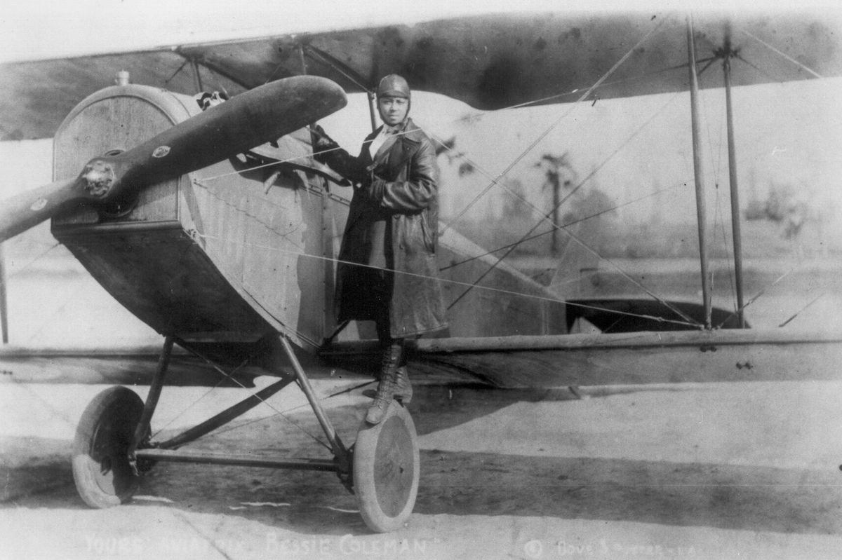 American pilot Bessie Coleman in her bi-plane, circa 1920