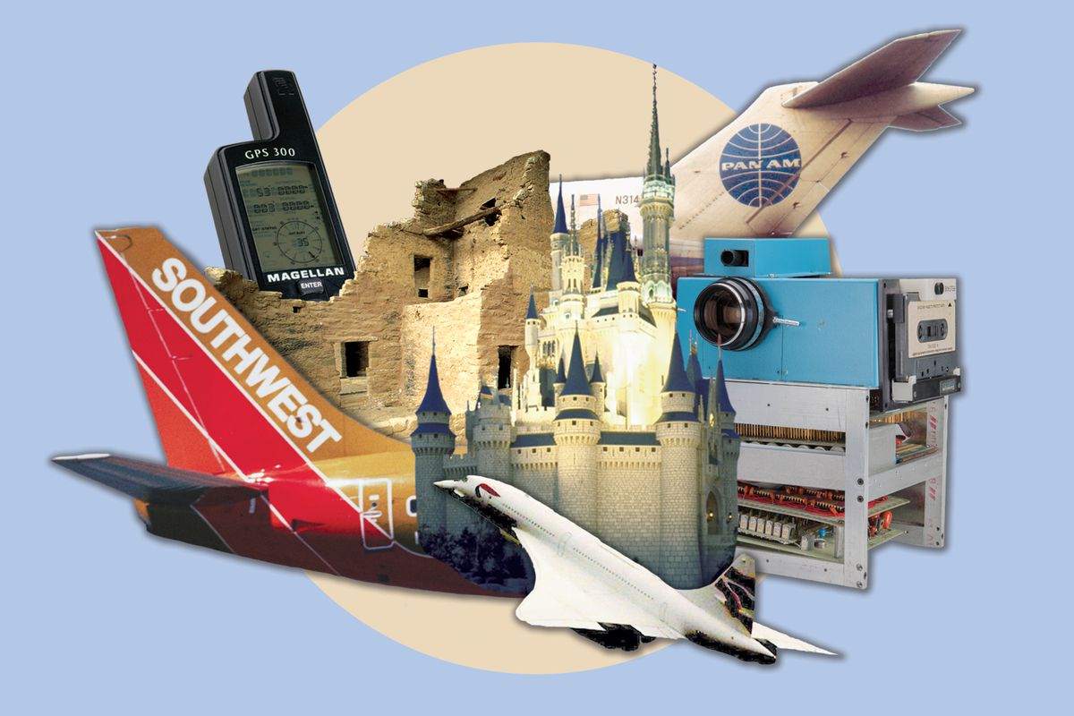 A photo collage of airplanes and technology with the Disney World and Mesa Verde National Park images